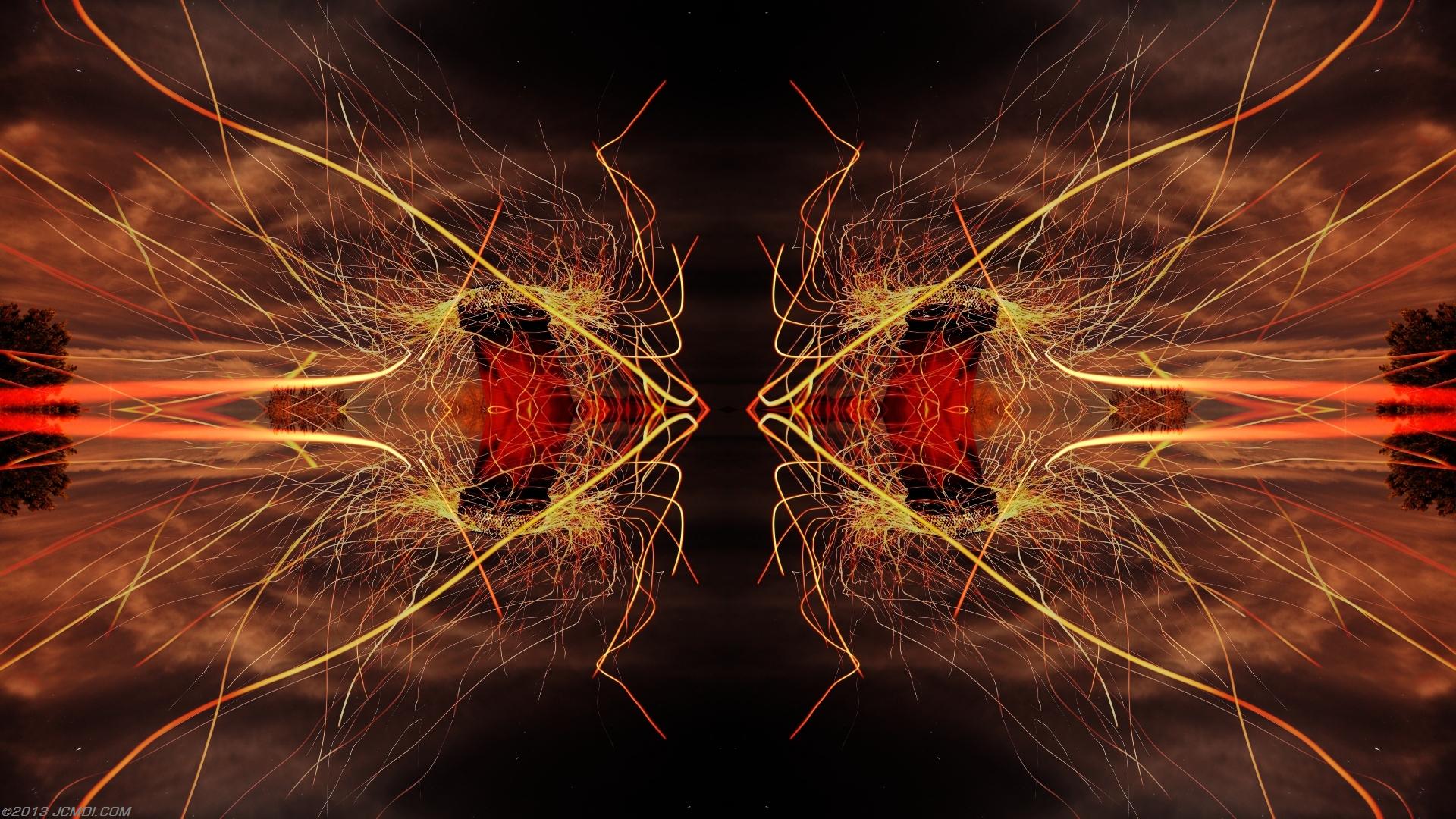 Quadroscopic composite trails: 5D clouds moon chimney sparks and stars